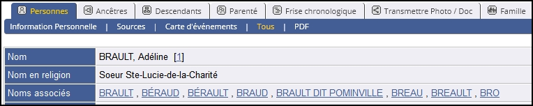 Fiche d'un individu avec des noms associés